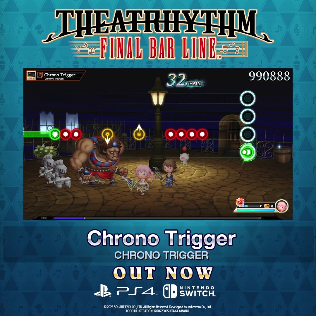 The Chrono Trigger and Chrono Series Pack Vol. 1 will launch for Theatrhythm Final Bar Line on May 17th! Six tracks will be available: - Wings That Cross Time - Radical Dreamers -Le Trésor Interdit- - Chrono Trigger - Boss Battle 2 - Battle with Magus - Corridors of Time
