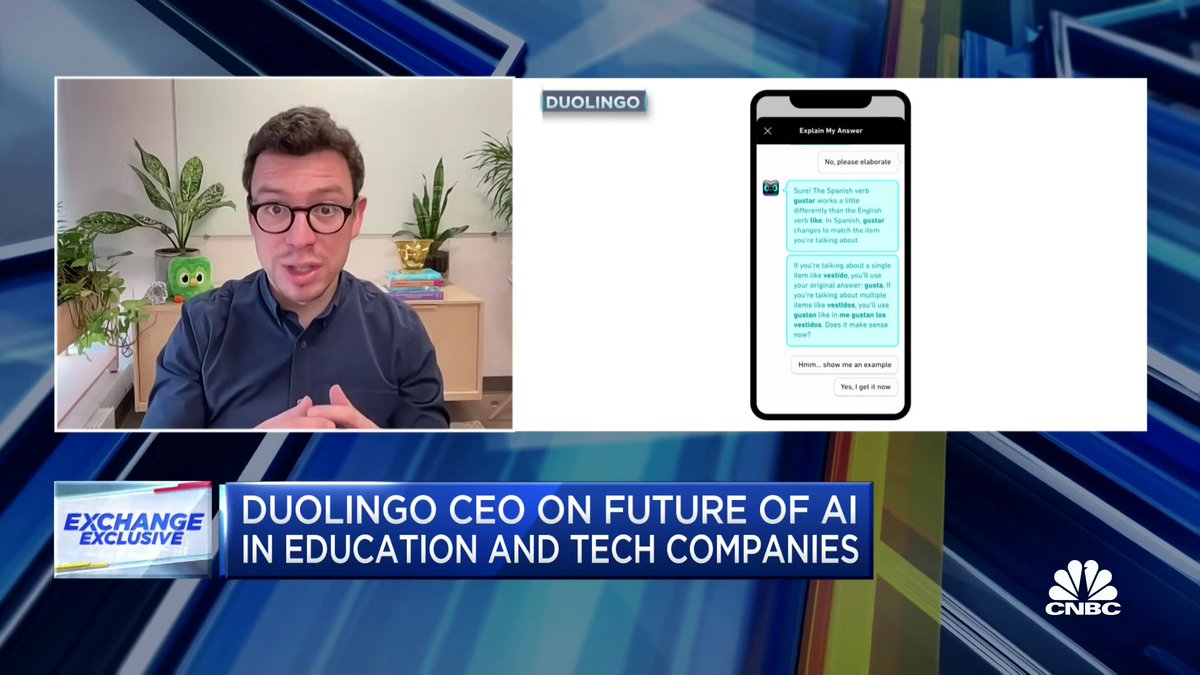 "The thing that [AI] allows us to do is teach closer to a 1-1 human tutor. This is what we've always wanted to do with Duolingo." Duolingo CEO Luis von Ahn shares how the company sees AI as a tailwind for their business as they report strong quarterly results $DUOL