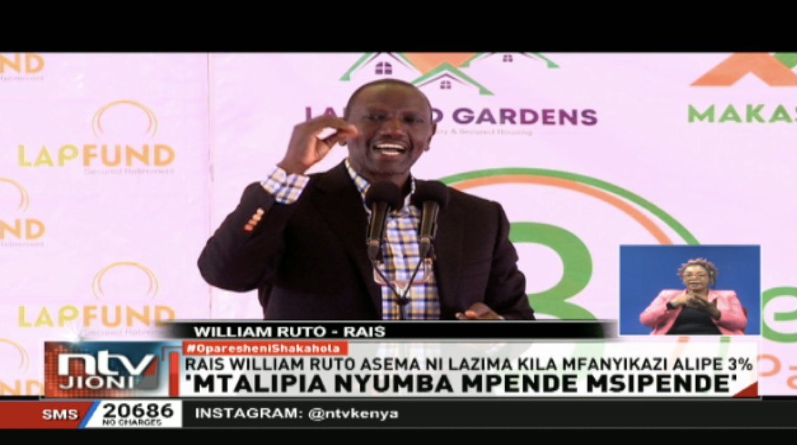 'Mtalipia Nyumba Mpende Msipende' Rais William Ruto asema kuwa lazima kila mfanyikazi alipe asilimia 3 ya mshahara wake kwa mchango wa nyumba za bei nafuu. #NTVJioni Fridah Mwaka Martin Mwangi