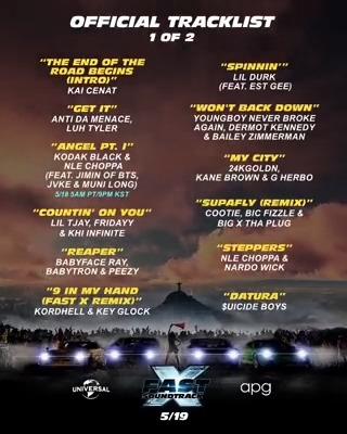 Stacked from top to bottom. Check out the official tracklist for the #FASTX soundtrack. Only in theaters May 19. Get tix: