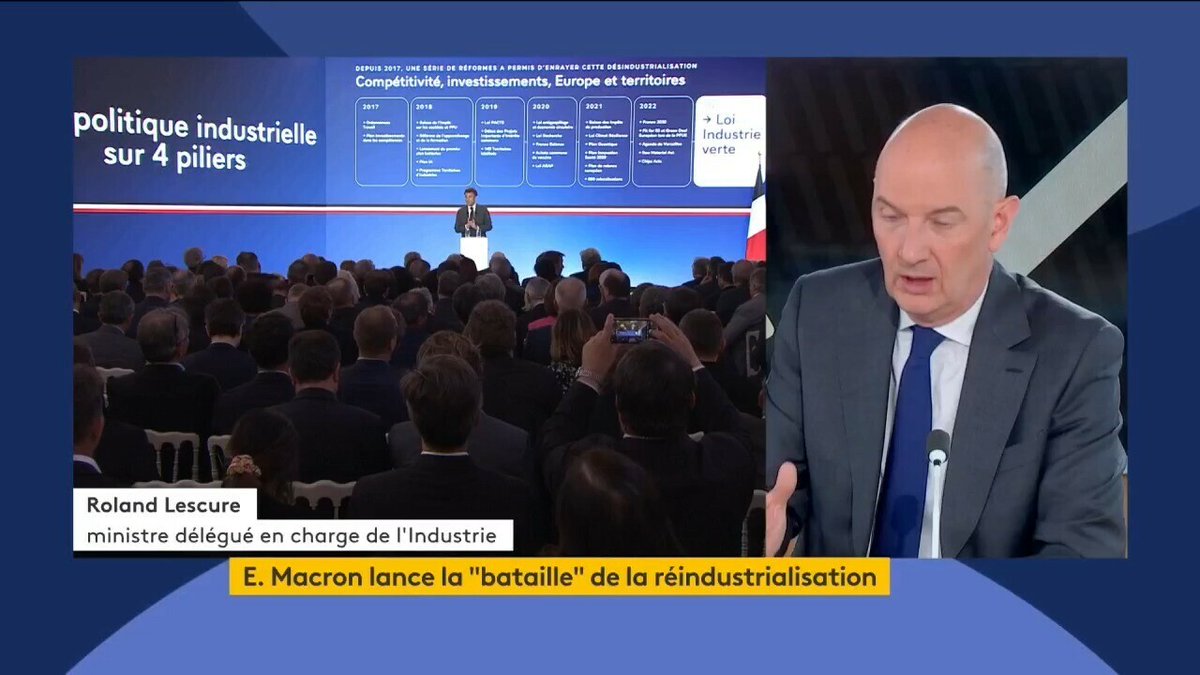 🗣️"Pour s'installer en France, les industriels ont besoin de savoir à quelle sauce ils vont être mangés dans les 5 à 10 ans qui viennent." Le ministre Roland Lescure souhaite que la pause environnementale annoncée par le Président dure 5 ans. 📺 #franceinfo canal 27 #ViPol