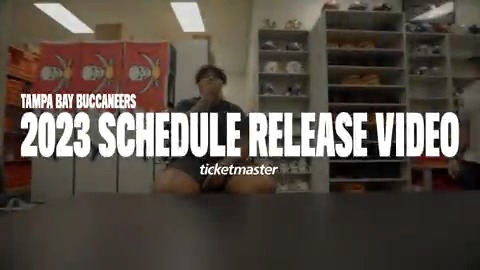 We couldn’t decide how to release our 2023 schedule, so Tristan Wirfs and Ko Kieft asked AI. Ticketmaster | #GoBucs