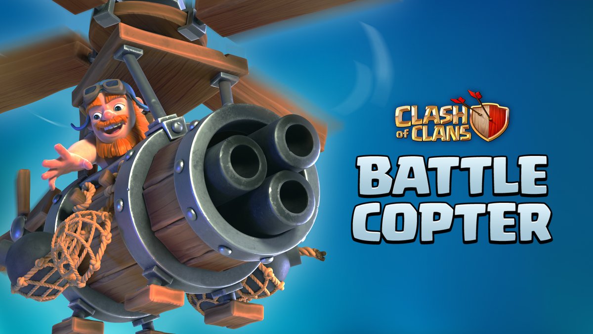 Introducing Battle Copter! This new flying Hero Machine has a ranged attack that allows it to deal damage from a distance while its Bomb Rush special ability charges up! Plus, more on new troop abilities, Healing Hut and Reinforcement Camps on our blog: