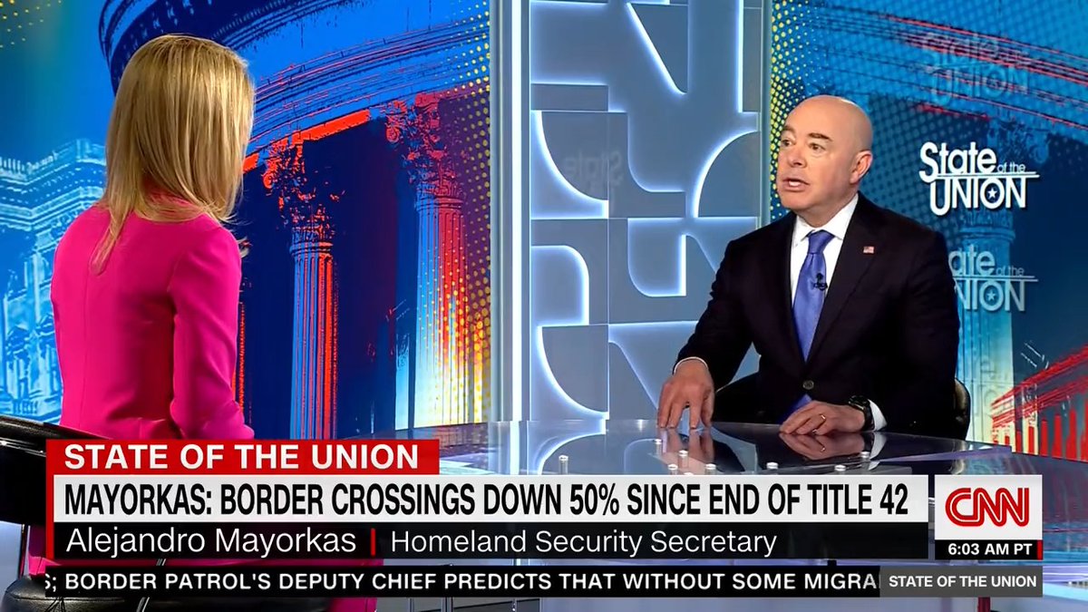 "The numbers that we have experienced over the past two days are markedly down" Homeland Security Secy Alejandro Mayorkas tells CNN's Dana Bash that the Biden administration has recorded a decrease in border crossings since Title 42 ended. State of the Union #CNNSOTU