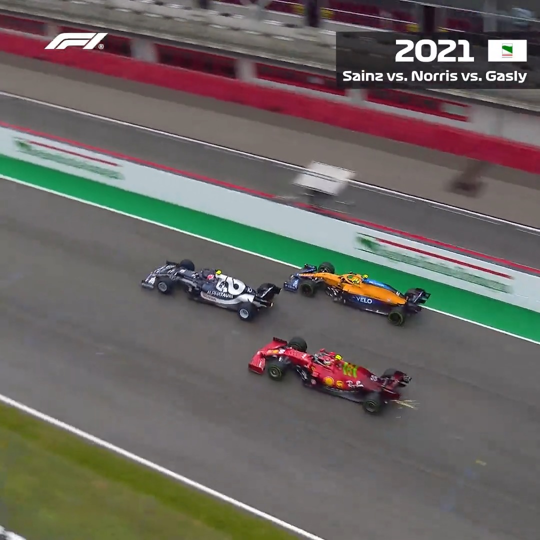 Battling away in the Imola spray ☔️ A tidy couple of moves from Lando as he fought his way to a podium finish in 2021 👊 #ImolaGP #F1