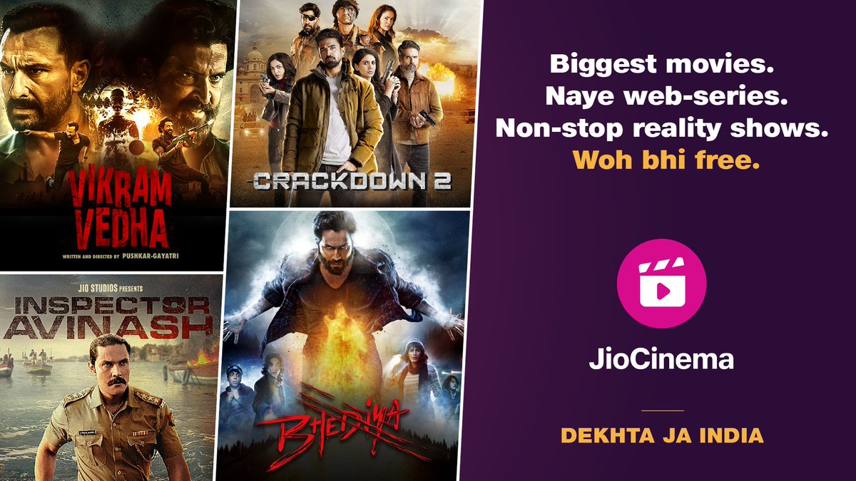 Biggest movies. New web-series. Non-stop reality shows. All in Ultra HD. All for free. May toh bas shuruvat hai… Dekhta jaa, India!🍿 #VikramVedha #Bhediya #Crackdown2 #InspectorAvinash #JioCinema #DekhtaJaIndia