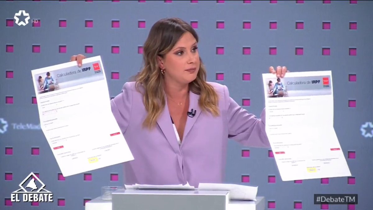ALEJANDRA: Ahora que no tiene el pinganillo, señora Ayuso, ¿cuanto se ahorra una persona como usted que cobra en torno a 100.000? AYUSO: silencio ALEJANDRA: Se lo explica 👇👇 🎥Alejandra Jacinto #DebateTM