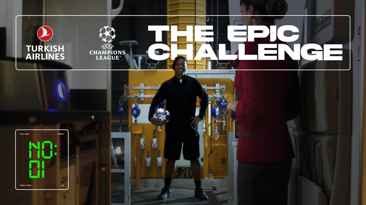 ✈️ ⚽️ #TheEpicChallenge takes off as football and #TurkishAirlines unite on a common pitch! In our series opener, the legendary Ronaldinho graces the screen! Challenge: Skillfully juggle the ball from nose to tail of the airplane without any slip-ups! UEFA Champions League #UCL