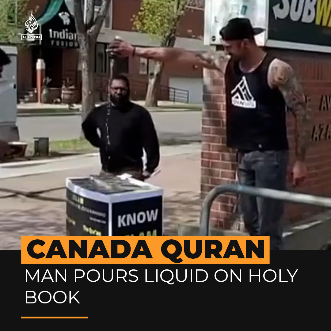 Video from Edmonton, Canada captured a man desecrating a Quran on display at an Islamic information stand. The man asked the Muslim attendants “why do you guys think anyone wants to hear about your f*@! Prophet?” and poured his drink on the holy book ⤵️