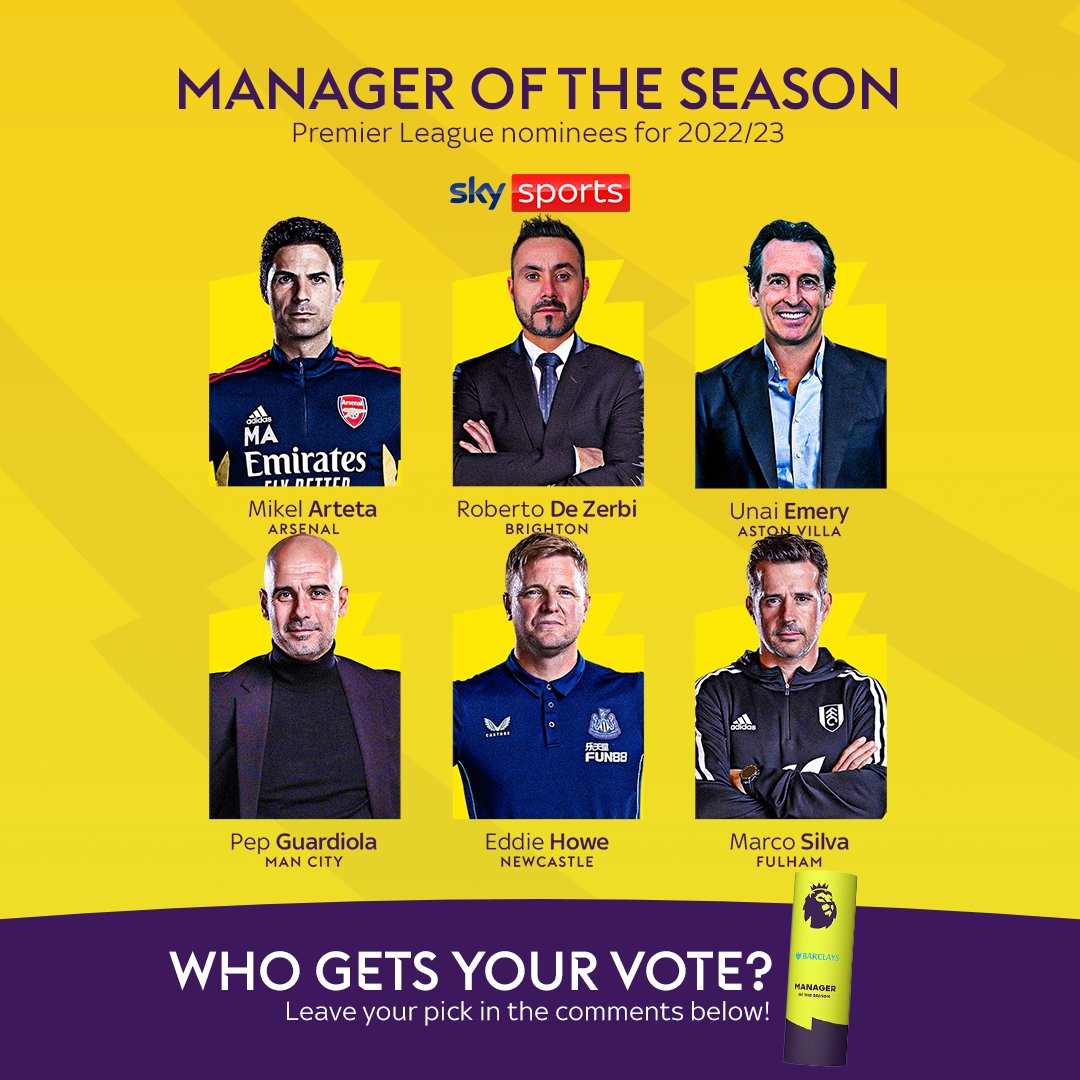 BREAKING: The nominees for the Premier League Barclays Manager of the Season award have been announced 🥁 Mikel Arteta, Roberto De Zerbi, Unai Emery, Pep Guardiola, Eddie Howe, and Marco Silva are all nominated 👏