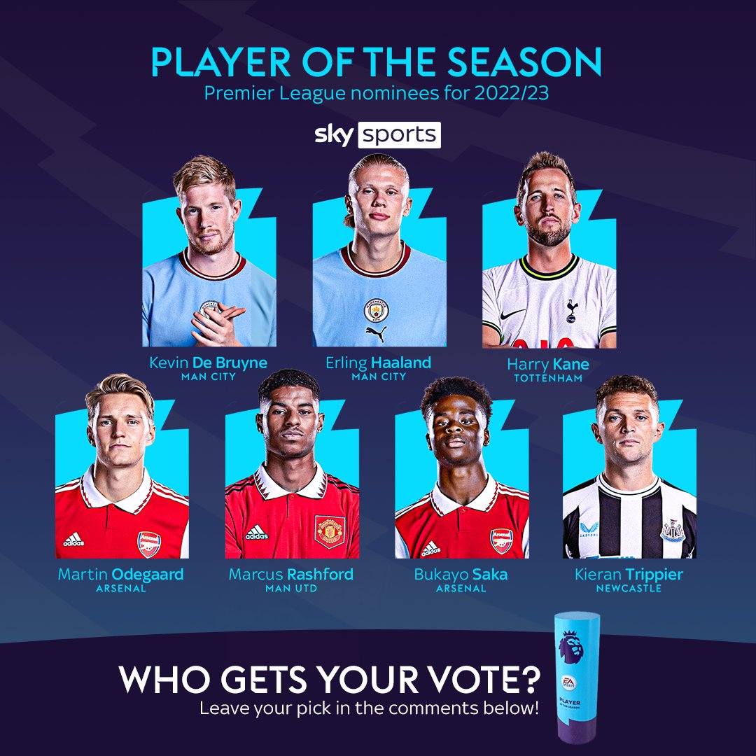 BREAKING: The Premier League Player of the Season shortlist has been announced ⚽ Kevin De Bruyne, Erling Haaland, Harry Kane, Martin Odegaard, Marcus Rashford, Bukayo Saka, and Kieran Trippier are all nominated 👏