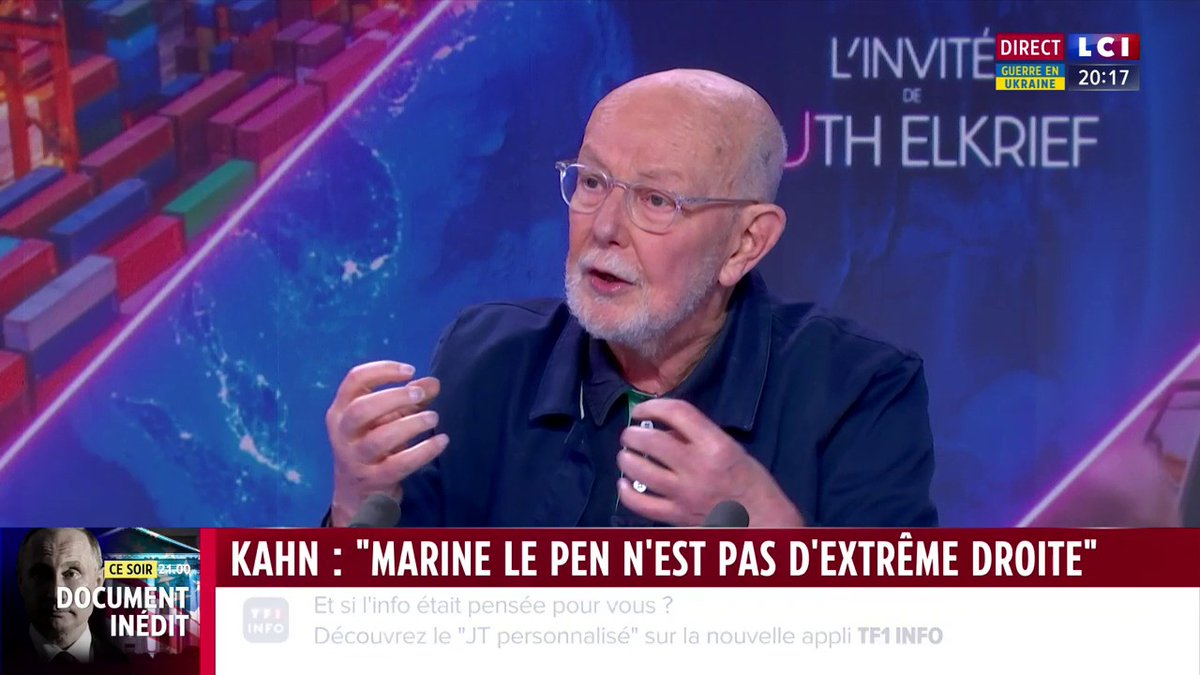 🔴🗣️ "Marine Le Pen n'est pas d'extrême droite, c'est plus compliqué que ça. D'un point de vue scientifique, elle n'a pas un discours d'extrême droite", avance Jean-François Kahn, journaliste et auteur ▶ #UnOeilSurLeMonde - Ruth Elkrief