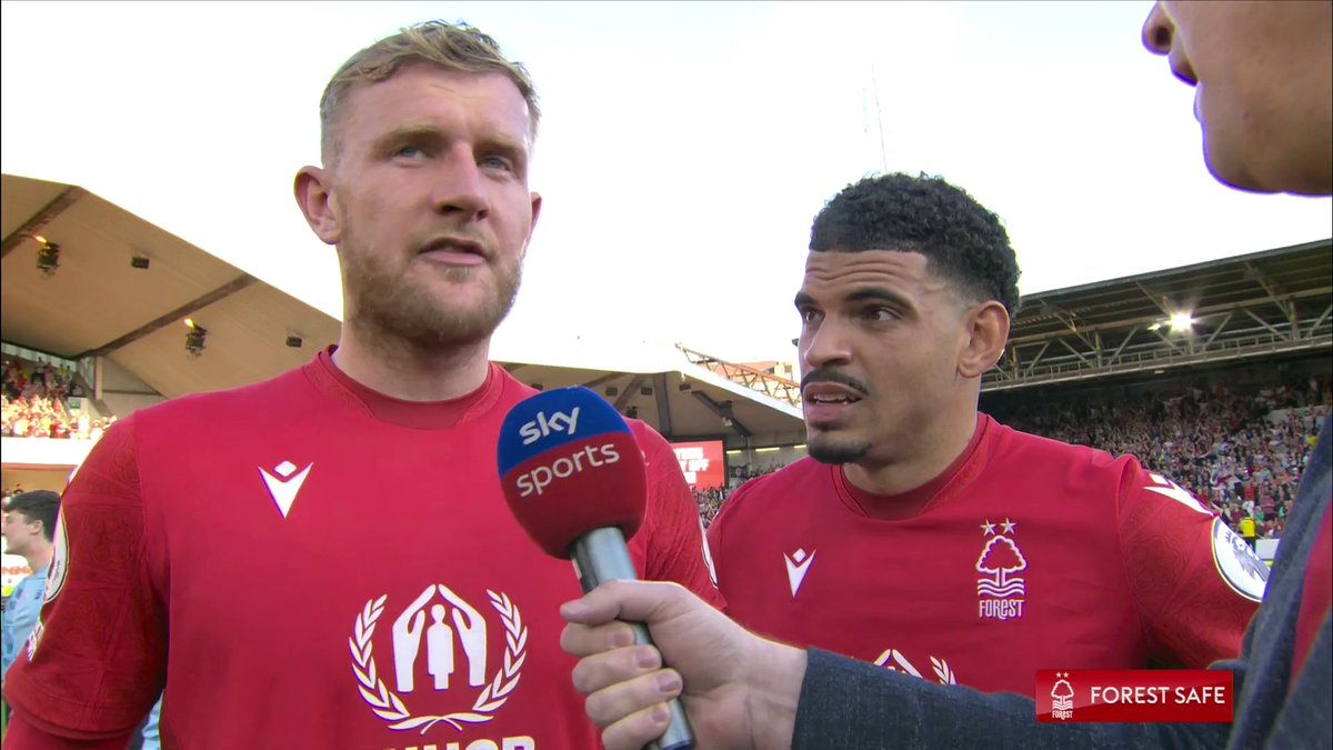 🗣️ "I've said this before, it's the best crowd and best fans in the league by a country mile!" Joe Worrall and Morgan Gibbs-White react after Nottingham Forest beat Arsenal 1-0 and confirm their Premier League safety 🌳