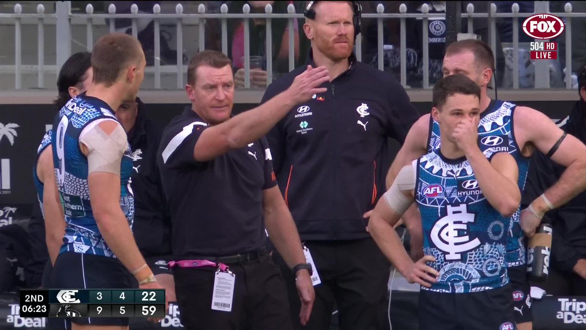 Things look a little tense on the Carton bench. 📺 Watch #AFLBluesPies LIVE on ch. 504 or stream on Kayo: ✍️ BLOG 🔢 MATCH CENTRE