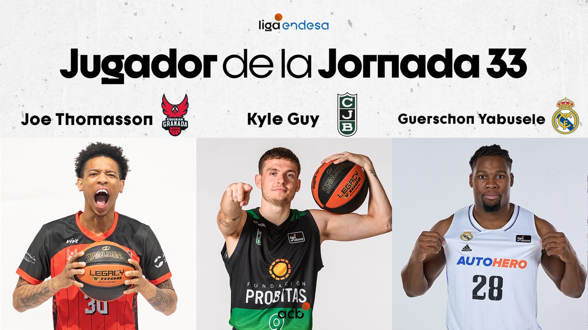 ¿Cómo 3 en la Jornada 33? 😵‍💫 ¡Con 2⃣8⃣ de valoración, JoePro32, Kyle J Guy y Guerschon Yabusele se convierten en los Jugadores de la Jornada 3⃣3⃣! #LigaEndesa