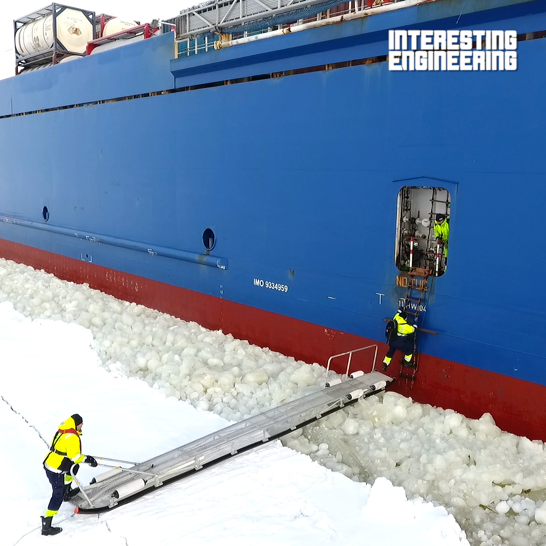 This video shows how a harbor pilot boards a moving 200 m long ship moving fast into a sea of ice [source: