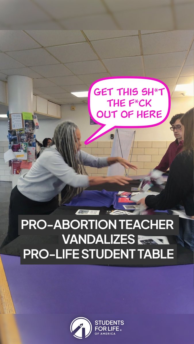 This pro-abortion radical professor, Shellyne Rodriquez, curses at pro-life students and then vandalizes a Students for Life of America | Pro-Life Gen table. She should be fired immediately.