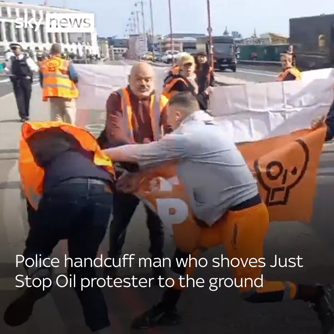The man can be seen grabbing a Just Stop Oil demonstrator who was taking part in a slow march on Blackfriars Bridge and pushing them to the ground before grabbing somebody else. Police officers jump in to intervene. The man was not arrested. More here 👉