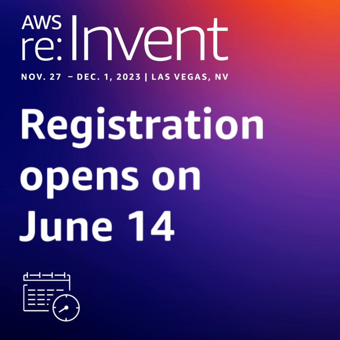Join us in Vegas for five days of announcements, interactive learning, networking, & fun. ☁️ 💻 🎰 Mark your calendar for #AWSreInvent 2023 — registration opens on June 14 🗓. Learn more. 👉
