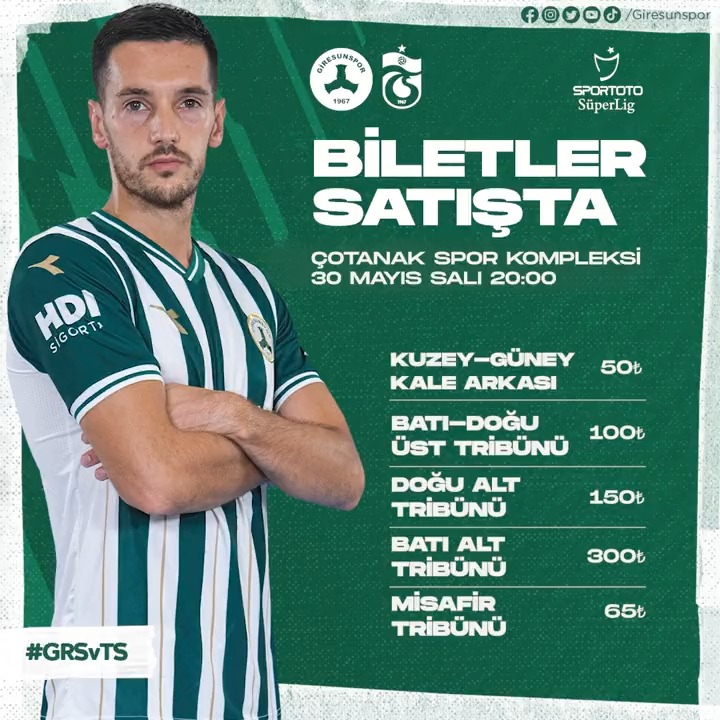 📢 Spor Toto Süper Lig’in 36. haftasında oynayacağımız Trabzonspor maçının biletleri satışta! Biletinizi adresinden veya Atatürk Meydanı’nda bulunan Passolig gişesinden satın alabilirsiniz. #GRSvTS