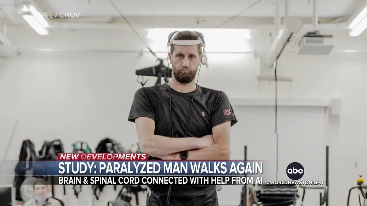 A 40-year-old man left paralyzed after an accident is walking again for the first time in a decade thanks to brain and spinal cord implants, and the use of AI, creating a "digital bridge" to bypass injured parts of his body. Will Reeve reports.
