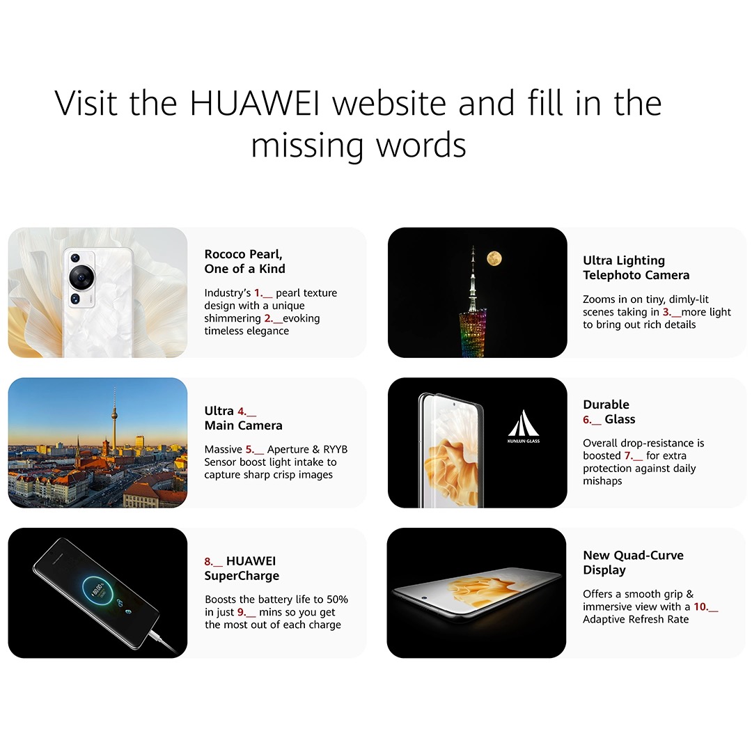 Here's your chance to WIN a HUAWEI P60 Pro 🎊 All you need to do is fill in the missing words on the image by finding them on our website. Remember to use #HUAWEIP60Pro with your answer 🙌