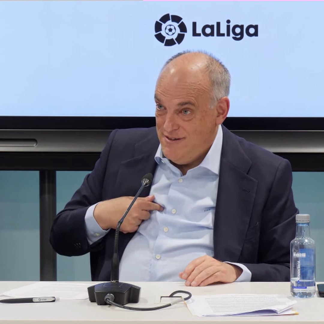Following a 90-minute LaLiga press conference, president Javier Tebas is asked how many black people work in Spain's top division.