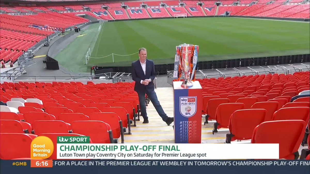 Coventry City and Luton Town will battle for a place in the Premier League at tomorrow's Championship play off final at Wembley. Nick Dixon reports from Wembley stadium.