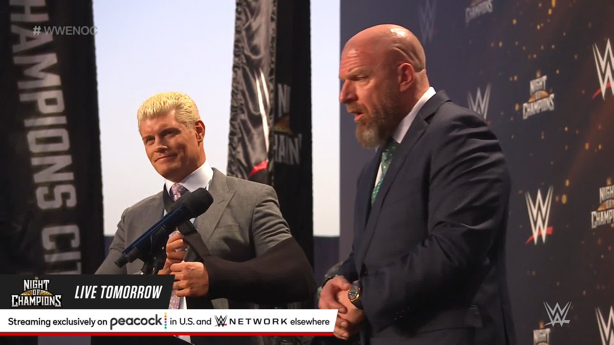 BREAKING: Although Cody Rhodes has a broken arm, Triple H promises that The American Nightmare's match against Brock Lesnar is still on for tomorrow at #WWENOC!