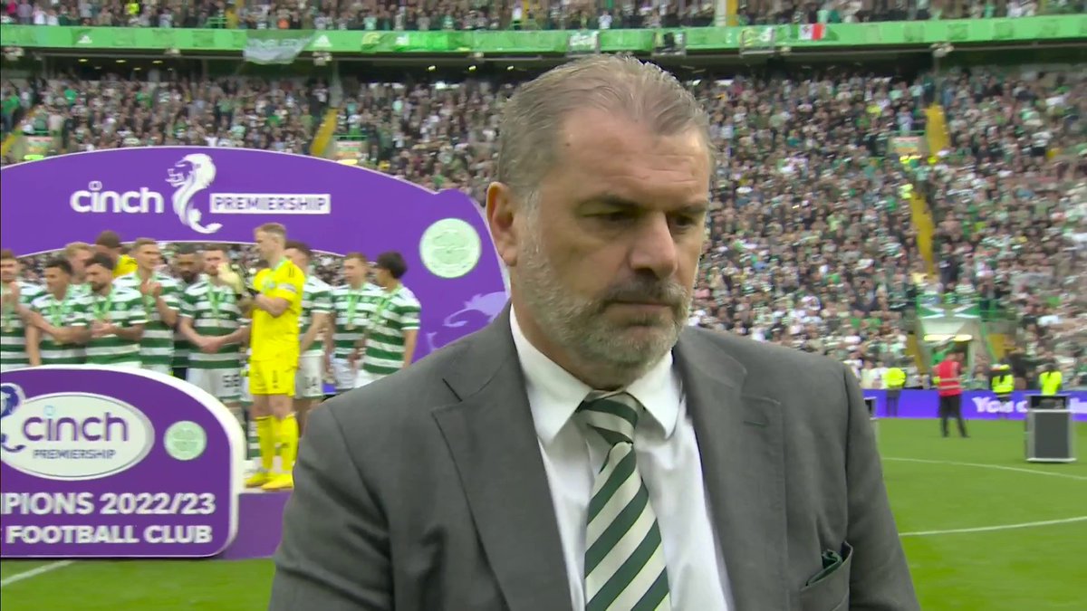 🏆 "Champions again... because I am a lucky man!" Ange Postecoglou delivers a resounding speech before Celtic lift the #cinchPrem trophy. Watch the post-match scenes on Sky now 📺