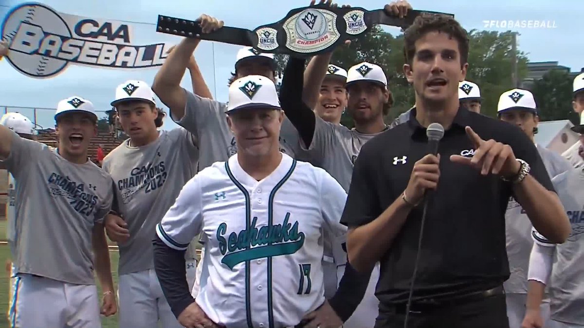 A fantastic post #CAAChamps interview featuring UNCW Baseball players, Coach Hood, and 🧊💦