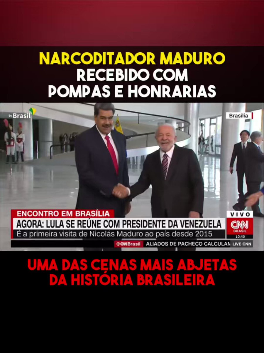 Uma das cenas mais abjetas da história brasileira. O narcoditador Maduro sendo recebido por lula como chefe de estado com pompas e honrarias. O Brasil mergulha de vez em crise diplomática consolidando-se como um dos maiores párias internacionais.