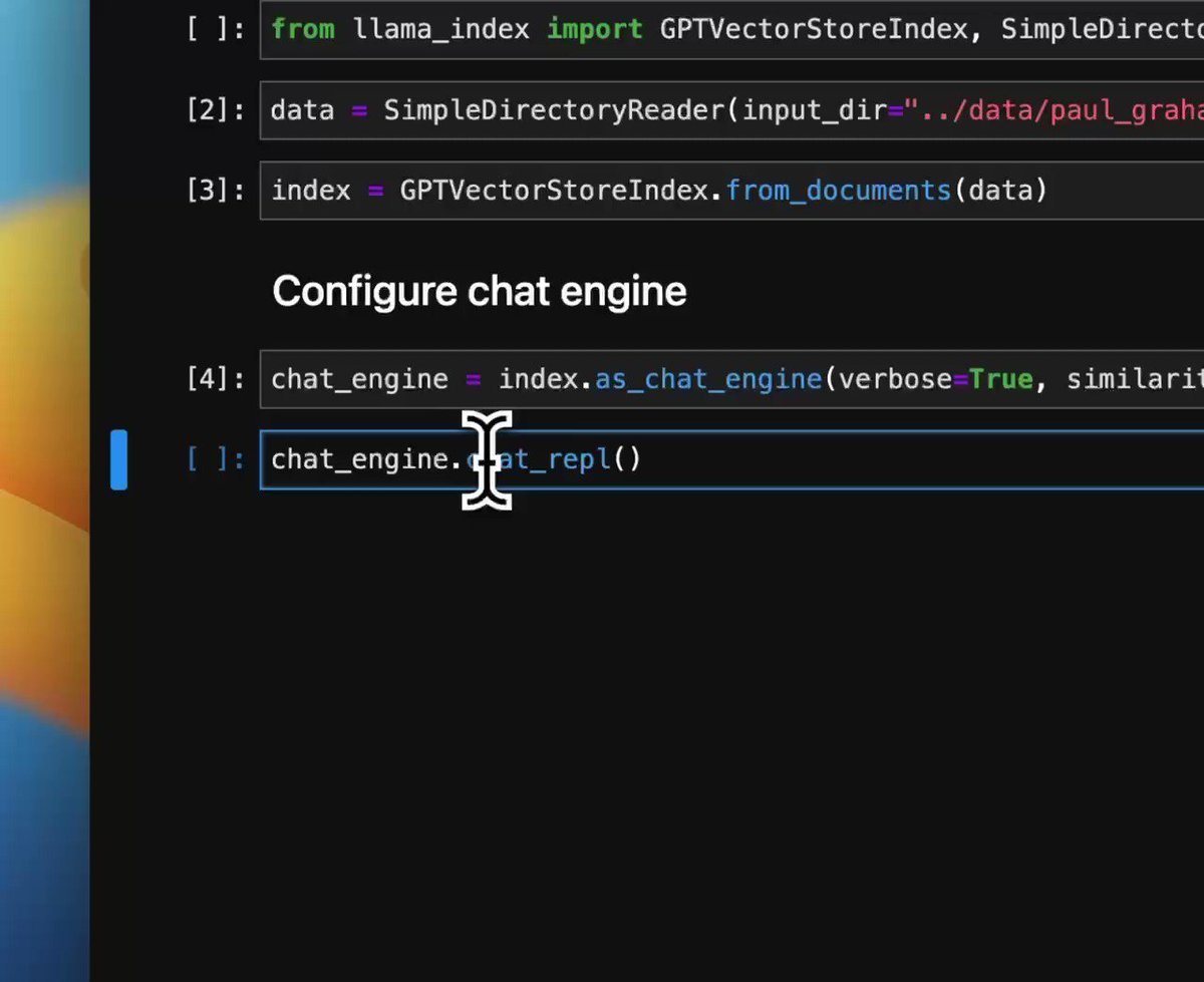 We didn’t have a great UX for building a data chatbot in LlamaIndex 🦙 (its optimized for QA against your data). That’s changed now; you can now build a chatbot over your data in ~4 lines of code! ⚡️🤖 1️⃣ ingest data 2️⃣ index data 3️⃣ chatbot from index 4️⃣ start using it ?!