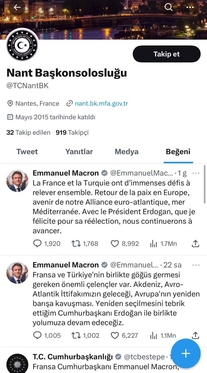 Türkiye’nin Fransa/Nantes Başkonsolosluğu’nun beğenileri.. “Yargılama” içerikli tweetler, FETÖ’cü Who hesabının paylaşımı vb… Sitesinden kontrol ettim, resmi hesap. Fake değil..