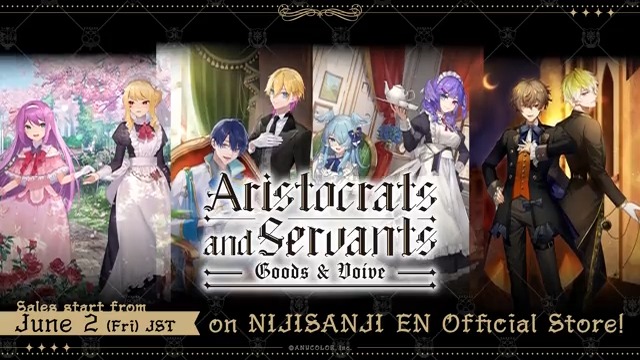 【NIJISANJI Aristocrats and Servants Goods &amp; Voice announcement】 Merch and Voice Drama featuring #NIJISANJI_EN &amp; JP Livers roleplaying 🫅aristocrats &amp; 🤵servants will soon be released! 🔻Details: 🔻Store: