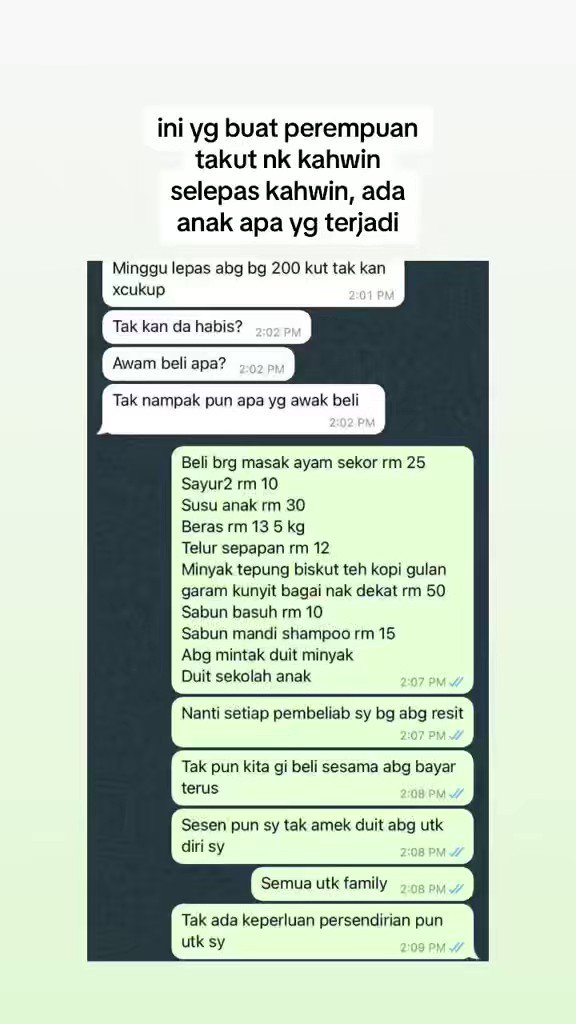 Jangan berkira dengan anak bini, akan ada rezeki lebih nanti. RM200 tak boleh beli banyak barang pun.