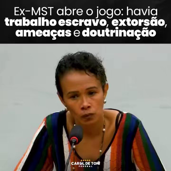 MAIS REVELAÇÕES VÊM À TONA NA CPI DO MST. Nelcilene Reis, ex-integrante do MST, abriu o jogo hoje, na CPI, e relatou a forma como ela e outras pessoas eram usadas e exploradas pelos líderes do movimento. A doutrinação era forçada e quem não participava sofria punição,⬇️