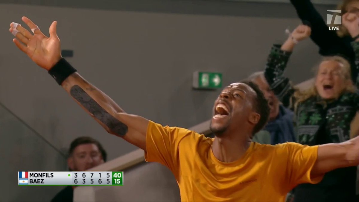 LA MONF HAS TAKEN OVER!!! Gael Monfils leads 6-5 in the fifth set over Baez in an inspirational comeback! #RolandGarros