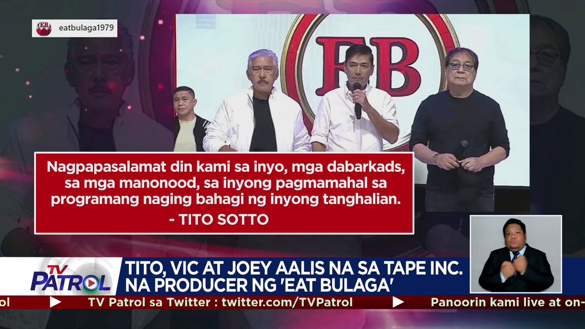 Inanunsiyo ng mga beteranong hosts na sina Tito Sotto, Vic Sotto, at Joey de Leon ng noontime show na 'Eat Bulaga' na kakalas na sila sa TAPE Inc. na producer ng kanilang programa. BASAHIN ang buong ulat: