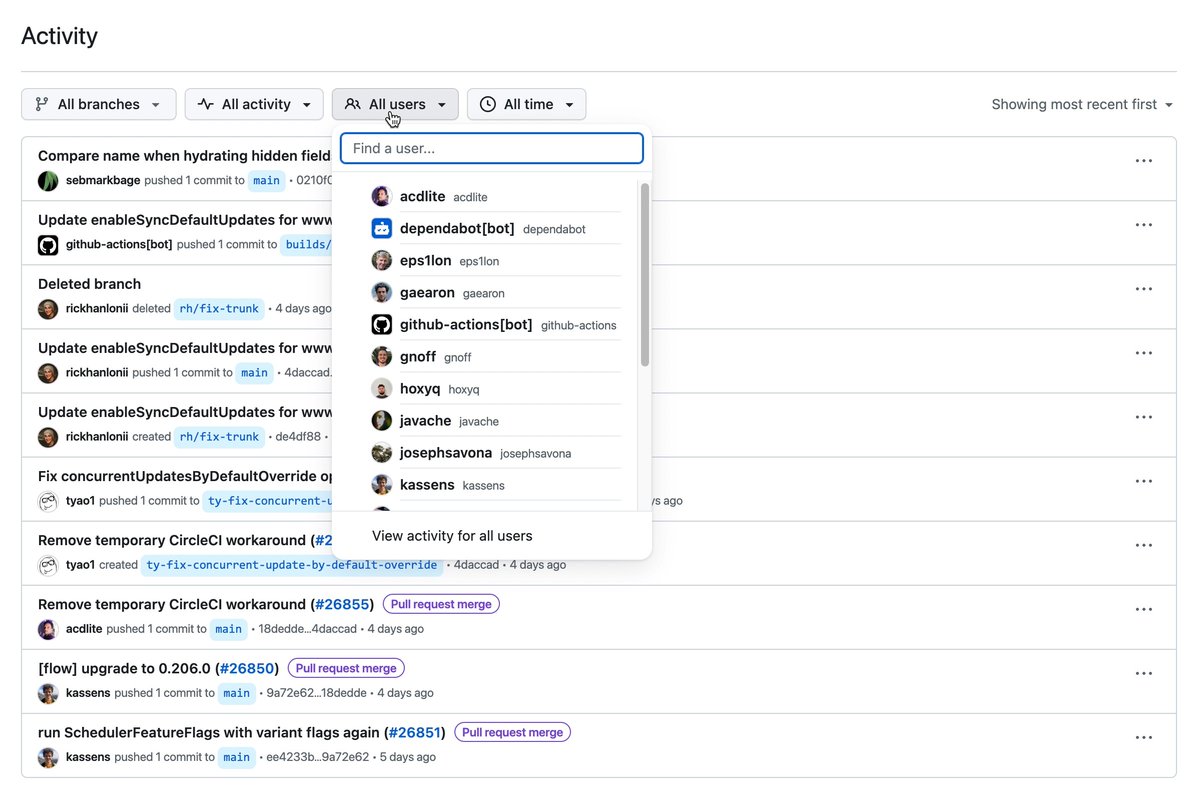 It's now easier to understand changes to your repositories with the new activity view. This new activity view gives you the ability to self-serve insights to your favorite repository and all of its changes.