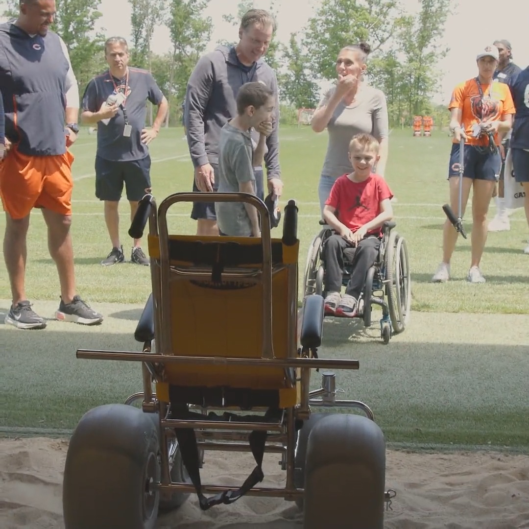 Since being paralyzed from the waist down in the Highland Park shooting last year, 8-year-old Cooper has been unable to do his favorite activity: going to the beach Today at practice, we had a special surprise for him 💙