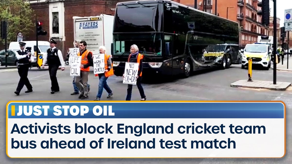 New video has been released by Just Stop Oil activists blocking the England cricket team bus near Hyde Park and arguing with a passer by on Albert Bridge.