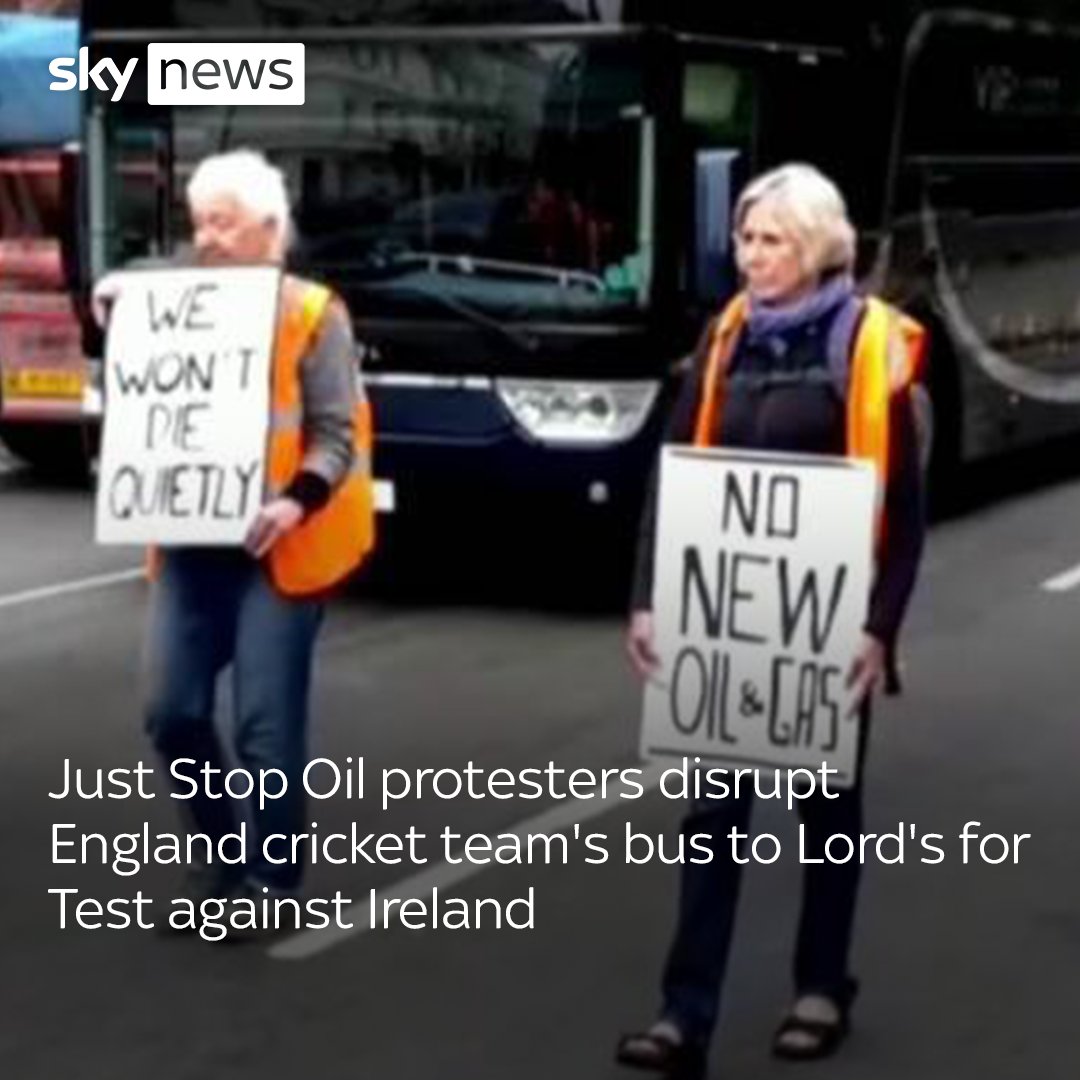 Just Stop Oil protesters disrupted the England cricket team's bus to Lord's ahead of the start of the Test against Ireland this morning.