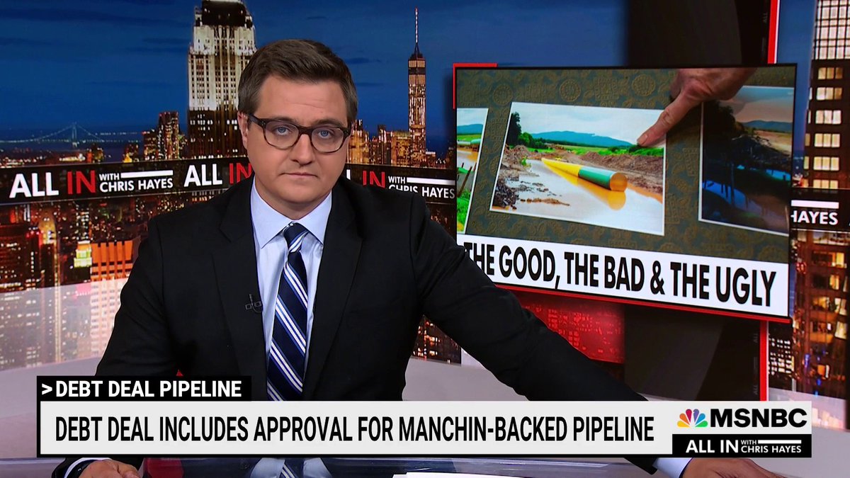 “So you've got an unpopular pipeline project promised to a West Virginia Senator whose former Chief of Staff is now a top oil and gas lobbyist. You'll never guess what pet project made its way into the debt ceiling bill," says Chris Hayes on the Mountain Valley Pipeline.