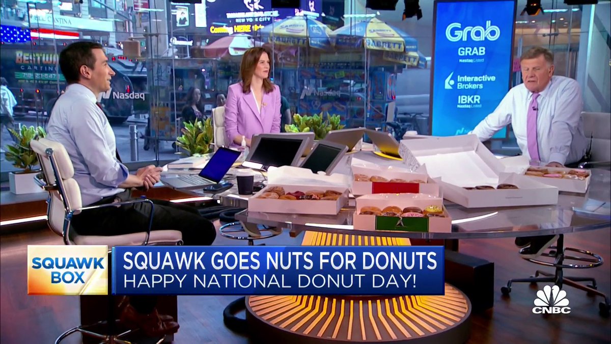 Today is #NationalDonutDay! Andrew Ross Sorkin @joesquawk @kellyCNBC celebrate on the Squawk set 🍩 🍩 🍩