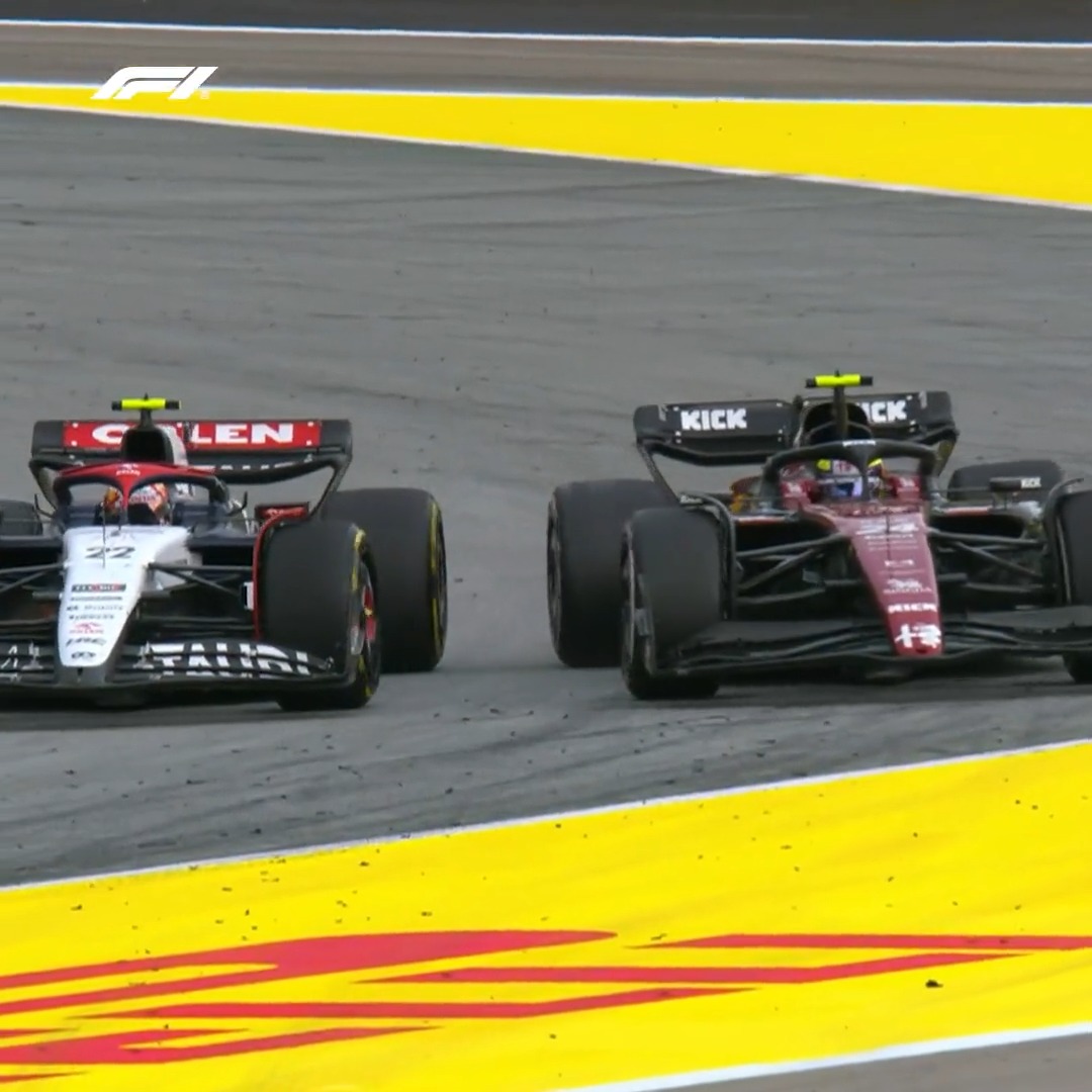 Tsunoda and Zhou go wheel to wheel around Turn 1 A five-second penalty resulted for Tsunoda after race stewards ruled the Japanese driver had forced Zhou off track #SpanishGP #F1