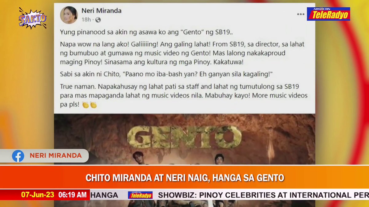 "Napa-wow na lang ako!" Ganito ang naging reaksyon ni Neri Miranda nang ipapanood sa kaniya ng asawang si Chito ang latest music video ng SB19 na 'Gento.' Hanga ang celebrity couple sa husay ng P-pop boy group sa kanilang musika. #Sakto #TeleRadyo