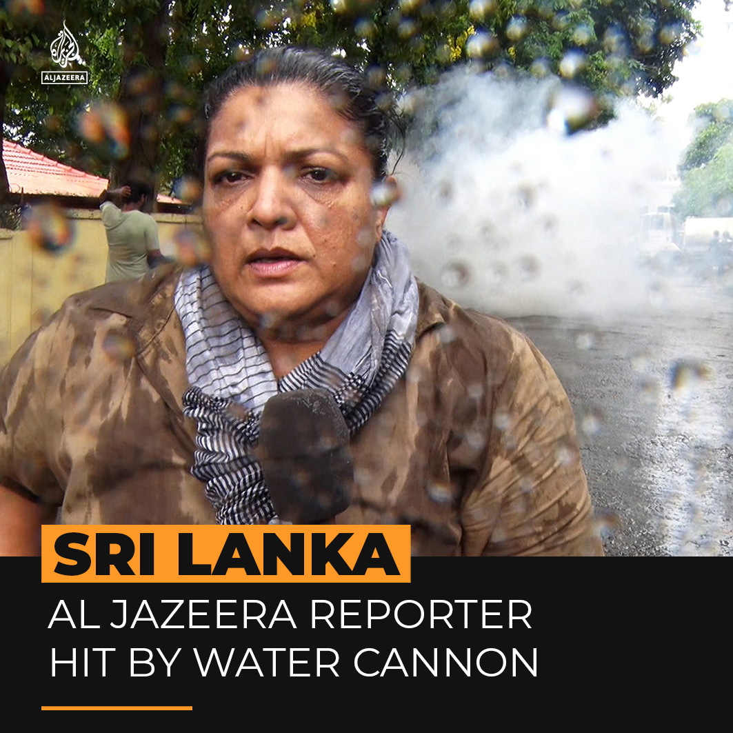 Al Jazeera’s Minelle Fernandez was hit by a water cannon while reporting on a students’ march in Sri Lanka’s capital to demand the release of activists detained during last year’s anti-gov't protests ⤵️