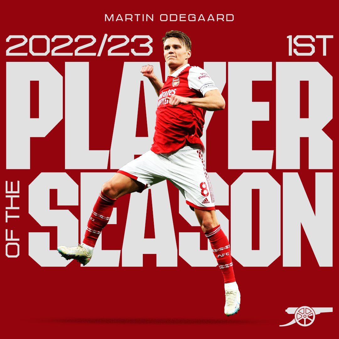 🥇 First place in our Player of the Season vote… 🇳🇴 Martin Odegaard 🇳🇴 🏟 45 games ⚽ 15 goals 🤝 7 assists What a campaign from our captain ❤️