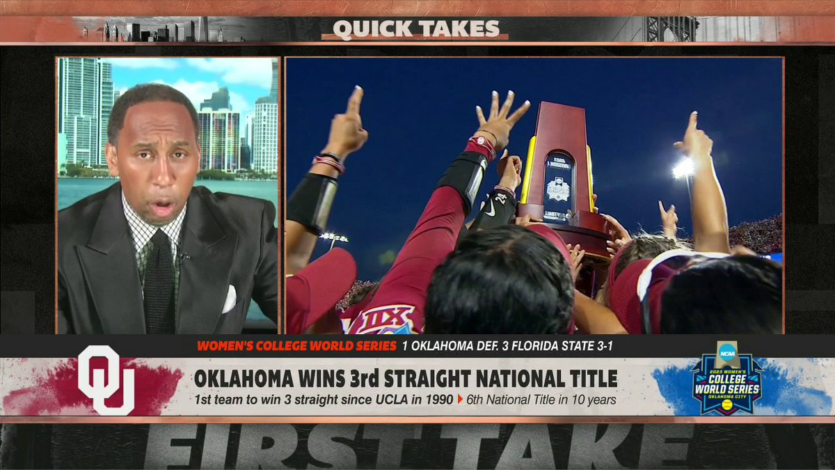 .Stephen A Smith on Oklahoma Softball's third straight national title ๐ฅ๐ "I want to know what's in the water in Oklahoma. ... The level of domination going on ... is UNREAL."
